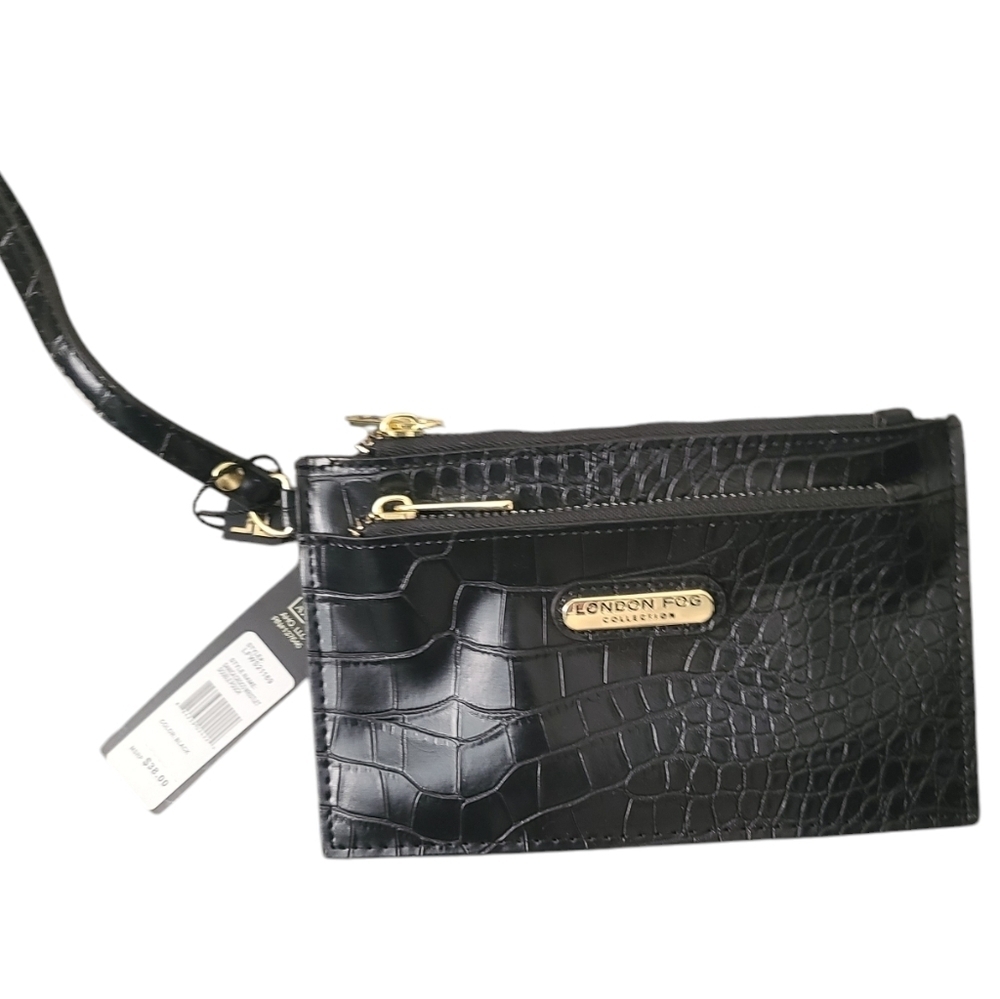 LONDON FOG Collection Danica Croco Wristlet Double Pouch Black with Gold Accents